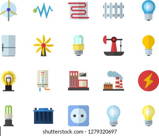 Color flat icon set sockets flat vector, energy saving lamp, warm floor, boiler, fridge, oil pumping, windmill, gas station, factory, accumulator, radiator, bulb, lightning