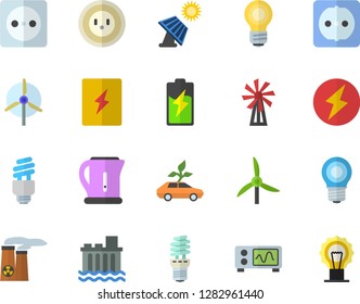 Color flat icon set sockets flat vector, switch box, electric kettle, windmill, battery, solar, lamp, socket, hydroelectric power station, energy saving, eco cars, bulb, fector, nuclear plant