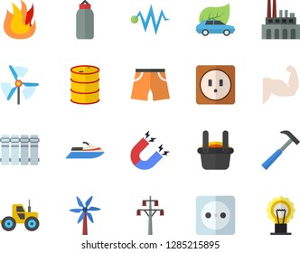 Color flat icon set sockets flat vector, heating batteries, hammer, fire, windmill, tractor, oil tanks, socket, power line support, plant, eco cars, metallurgy, magnet, electric discharge fector