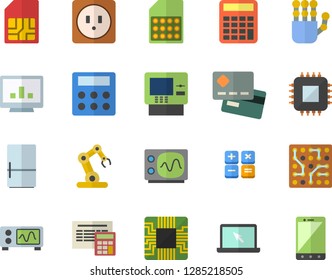 Color flat icon set sockets flat vector, calculator, fridge, motherboard, SIM card, credit, computer chart, laptop, robot hand, oscilloscope, industrial, electronic circuit, cash dispenser fector