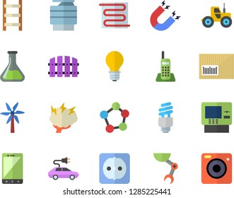 Color flat icon set sockets flat vector, warm floor, windmill, tractor, fence, ladder, chemistry, lamp, electric cars, barcode, molecules, telephone, copy machine, robot hand, energy saving fector