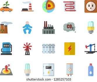 Color flat icon set sockets flat vector, energy saving lamp, switch box, warm floor, heating batteries, boiler, windmill, oil pumping, refueling, factory, plant, eco cars, carbon dioxide, fector