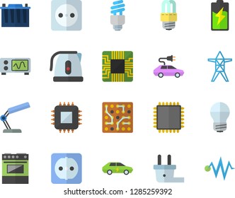 Color flat icon set sockets flat vector, energy saving lamp, electric kettle, stove, battery, accumulator, socket, plug, power line support, cars, motherboard, reading, fector, cpu, oscilloscope