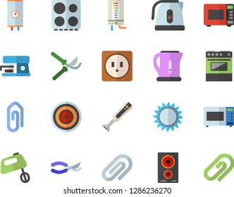 Color flat icon set sockets flat vector, boiler, electric kettle, stove, induction cooker, gas, microwave, mixer, blender, coffee machine, secateurs, clip