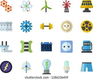 Color flat icon set sockets flat vector, heating batteries, windmill, solar battery, refueling, accumulator, socket, plug, cogwheel, radiation, idea, atom, energy saving lamp fector, lightning