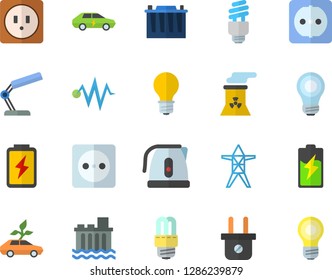 Color flat icon set sockets flat vector, energy saving lamp, electric kettle, battery, accumulator, socket, plug, power line support, hydroelectric station, eco cars, reading, bulb, fector