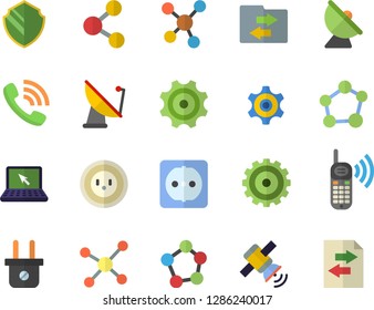 Color flat icon set sockets flat vector, socket, plug, cogwheel, satellite antenna, phone call, molecules, laptop, molecule, satellit, security fector, share, file sharing