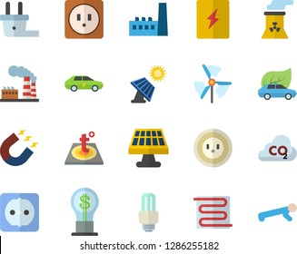 Color flat icon set sockets flat vector, switch box, warm floor, solar battery, factory, socket, plug, manufactory, eco cars, electric, carbon dioxide, magnet, idea, energy saving lamp fector