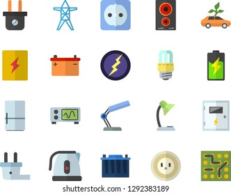 Color flat icon set sockets flat vector, energy saving lamp, switch box, electric kettle, induction cooker, fridge, battery, accumulator, socket, plug, power line support, eco cars, reading