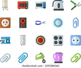 Color flat icon set sockets flat vector, boiler, electric kettle, stove, induction cooker, gas, microwave, mixer, coffee machine, secateurs, clip