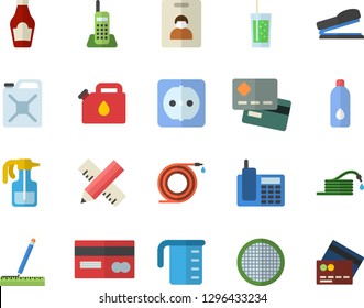 Color flat icon set sockets flat vector, measure, meashuring cup, sieve, ketchup, soda, pulverizer, hose, canister, credit card, telephone, stapler, water, indentity fector