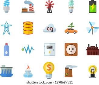 Color flat icon set sockets flat vector, switch box, windmill, battery, factory, oil tanks, power line support, hydroelectric station, plant, energy saving lamp, eco cars, carbon dioxide, idea