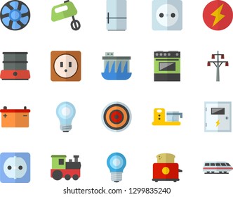 Color flat icon set sockets flat vector, switch box, electric stove, induction cooker, toaster, mixer, double boiler, fridge, food processor, ventilation, accumulator, lamp, socket, bulb, lightning