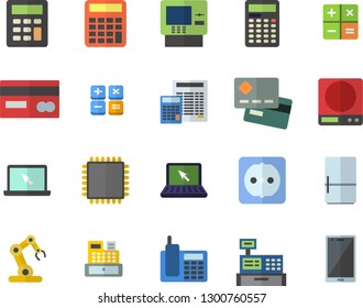 Color flat icon set sockets flat vector, calculator, weighing machine, fridge, credit card, cash, telephone, laptop, cpu, industrial robot, dispenser fector, mobile