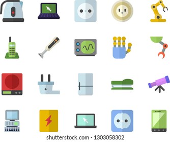 Color flat icon set sockets flat vector, switch box, weighing machine, electric kettle, blender, fridge, socket, plug, telephone, laptop, stapler, robot hand, computer, oscilloscope, industrial