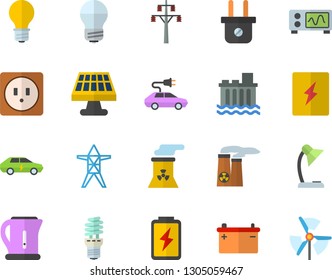 Color flat icon set sockets flat vector, energy saving lamp, switch box, electric kettle, battery, solar, accumulator, plug socket, power line support, hydroelectric station, cars, reading, windmill