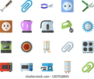 Color flat icon set sockets flat vector, boiler, electric kettle, stove, induction cooker, gas, microwave, mixer, blender, coffee machine, secateurs, clip