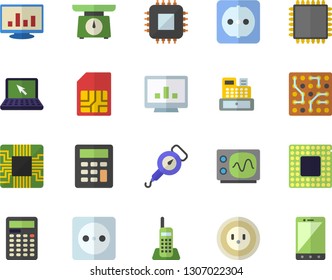 Color flat icon set sockets flat vector, weighing machine, spring balance, socket, motherboard, SIM card, cash, computer chart, calculator, telephone, laptop, cpu, oscilloscope, electronic circuit