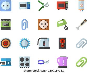 Color flat icon set sockets flat vector, boiler, electric kettle, stove, induction cooker, gas, microwave, mixer, blender, coffee machine, secateurs, clip