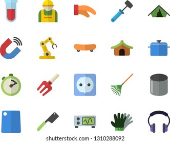 Color flat icon set sockets flat vector, saucepan, potholder, stopwatch, knives, meat hammer, cutting board, pitchfork, rake, gloves, construction worker, pipe production, magnet, blood test