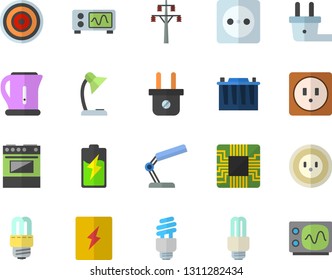 Color flat icon set sockets flat vector, energy saving lamp, switch box, electric kettle, stove, induction cooker, battery, accumulator, socket, plug, power line support, motherboard, reading