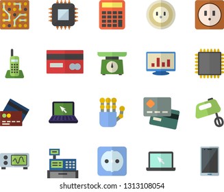 Color flat icon set sockets flat vector, weighing machine, mixer, socket, motherboard, credit card, cash, computer chart, telephone, laptop, robot hand, cpu, oscilloscope, calculator, fector, mobile