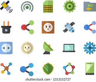 Color flat icon set sockets flat vector, socket, plug, cogwheel, satellite antenna, SIM card, molecules, laptop, satellit, security fector, share, broadcast, file sharing, mobile
