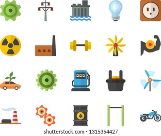 Color flat icon set sockets flat vector, windmill, refueling, factory, oil tanks, power line support, hydroelectric station, manufactory, cogwheel, radiation, eco cars, metallurgy, bulb, dumbbell