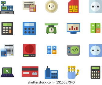 Color flat icon set sockets flat vector, calculator, weighing machine, socket, SIM card, credit, cash, computer chart, telephone, laptop, robot hand, oscilloscope