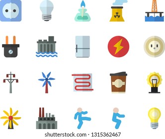 Color flat icon set sockets flat vector, energy saving lamp, warm floor, fridge, coffe, windmill, oil production platform, socket, plug, power line support, hydroelectric station, plant, gas burner