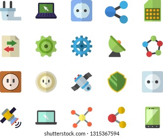 Color flat icon set sockets flat vector, socket, plug, cogwheel, satellite antenna, SIM card, molecules, laptop, molecule, satellit, security fector, share, file sharing, mobile