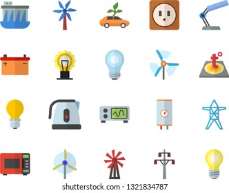 Color flat icon set sockets flat vector, warm floor, boiler, electric kettle, microwave, windmill, accumulator, lamp, power line support, hydroelectric station, eco cars, reading, bulb, oscilloscope