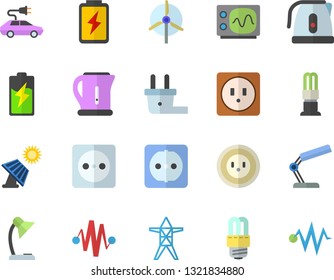 Color flat icon set sockets flat vector, energy saving lamp, electric kettle, battery, solar, socket, plug, power line support, cars, reading, oscilloscope, windmill, discharge fector