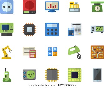 Color flat icon set sockets flat vector, calculator, weighing machine, mixer, motherboard, cash, computer chart, telephone, cpu, oscilloscope, industrial robot, electronic circuit, dispenser fector