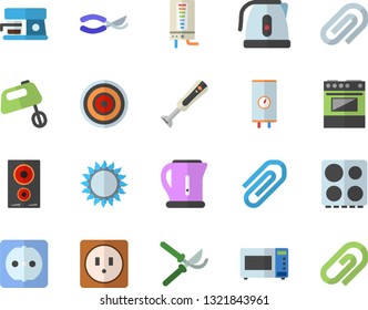 Color flat icon set sockets flat vector, boiler, electric kettle, stove, induction cooker, gas, microwave, mixer, blender, coffee machine, secateurs, clip