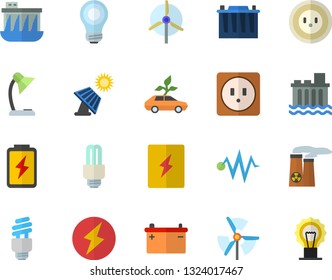 Color flat icon set sockets flat vector, switch box, battery, solar, accumulator, socket, hydroelectric power station, eco cars, reading lamp, bulb, energy saving fector, nuclear plant, lightning
