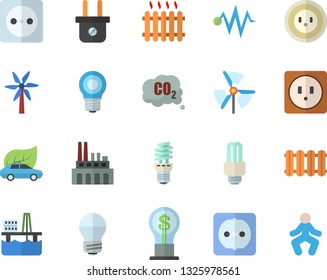 Color flat icon set sockets flat vector, energy saving lamp, heating batteries, windmill, oil production platform, socket, plug, plant, eco cars, carbon dioxide, radiator, idea, fector, gymnastics