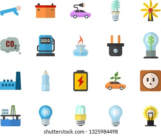 Color flat icon set sockets flat vector, energy saving lamp, oil production platform, battery, windmill, refueling, accumulator, plug socket, manufactory, eco cars, electric, carbon dioxide, idea