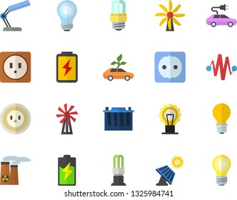 Color flat icon set sockets flat vector, energy saving lamp, windmill, battery, solar, accumulator, socket, eco cars, electric, reading, bulb, nuclear power plant, discharge fector