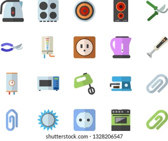 Color flat icon set sockets flat vector, boiler, electric kettle, stove, induction cooker, gas, microwave, mixer, blender, coffee machine, secateurs, clip