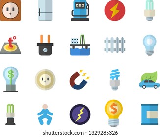 Color flat icon set sockets flat vector, warm floor, fridge, oil production platform, refueling, socket, plug, energy saving lamp, eco cars, magnet, radiator, idea, bulb, fector, lightning, proteins