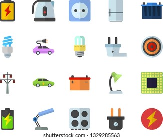 Color flat icon set sockets flat vector, energy saving lamp, electric kettle, stove, induction cooker, fridge, battery, accumulator, plug socket, power line support, cars, reading, fector, cpu