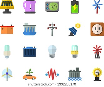 Color flat icon set sockets flat vector, energy saving lamp, electric kettle, windmill, battery, solar, accumulator, power line support, hydroelectric station, eco cars, fector, oscilloscope