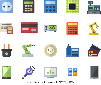 Color flat icon set sockets flat vector, calculator, spring balance, socket, plug, credit card, cash machine, computer chart, telephone, cpu, oscilloscope, industrial robot, fector, mobile