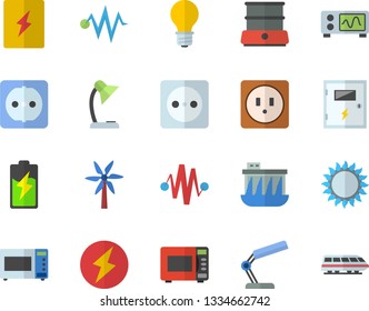 Color flat icon set sockets flat vector, switch box, gas, microwave, double boiler, windmill, battery, lamp, socket, hydroelectric power station, reading, oscilloscope, lightning, train