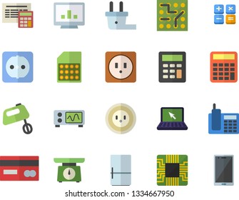 Color flat icon set sockets flat vector, calculator, weighing machine, mixer, fridge, socket, plug, motherboard, SIM card, credit, computer chart, telephone, laptop, oscilloscope, electronic circuit