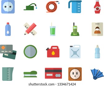 Color flat icon set sockets flat vector, measure, meashuring cup, sieve, soda, ketchup, hose, canister, credit card, telephone, stapler, water, indentity fector, flippers