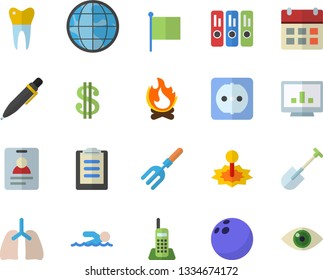 Color flat icon set sockets flat vector, pitchfork, shovel, bonfire, laser, earth, dollar, flag, dental crowns, lungs, clipboard, computer chart, telephone, folder, pen, bowling ball, swimming, eye