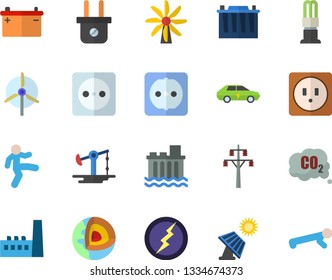 Color flat icon set sockets flat vector, solar battery, oil pumping, windmill, accumulator, socket, plug, power line support, hydroelectric station, manufactory, energy saving lamp, electric cars