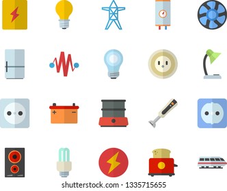 Color flat icon set sockets flat vector, switch box, boiler, induction cooker, toaster, double, blender, fridge, ventilation, accumulator, lamp, socket, power line support, reading, bulb, lightning